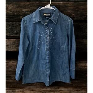 Vintage Christine Alexander Size Small Blue Denim Rhinestone Studded Shirt Top